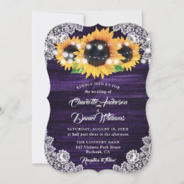 Invitación Purple Sunflower Wood Lace String Lights Wedding