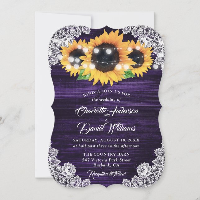 Invitación Purple Sunflower Wood Lace String Lights Wedding (Anverso)