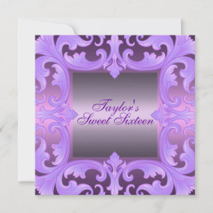 Invitación Purple Sweet Sixteen Damask Design Birthday Invite