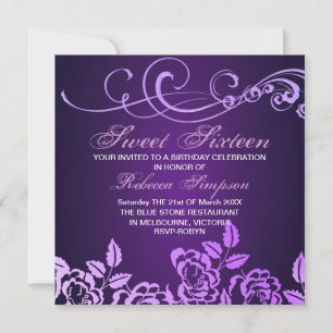Invitación Purple Swirl & Rose Sweet 16 Birthday Invitation