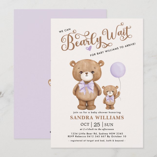 Invitación Purple Teddy Bear Podemos Esperar A Baby Shower (Anverso / Reverso)