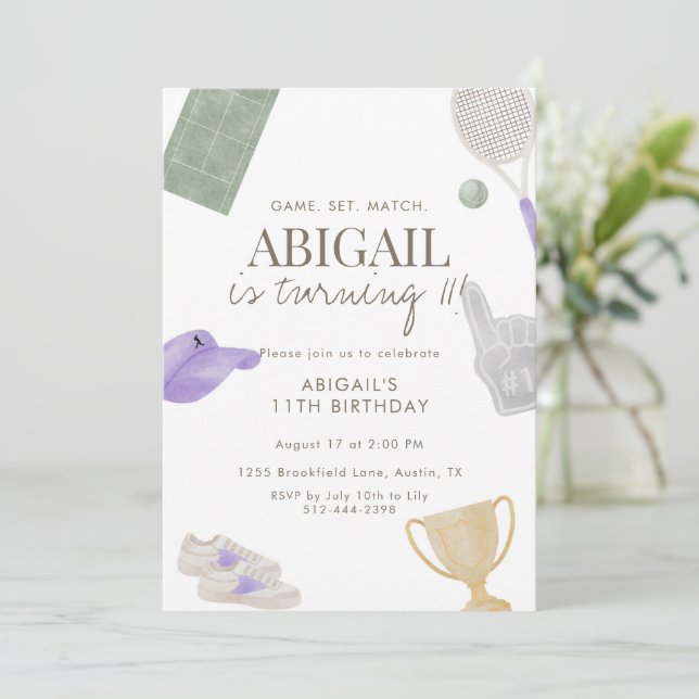 Invitación Purple Tennis 11th Birthday Party for Girls  (Anverso de pie)