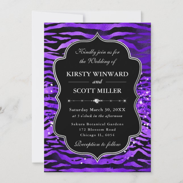 Invitación Purple Tiger Stripes Glitter Glam Wedding (Anverso)