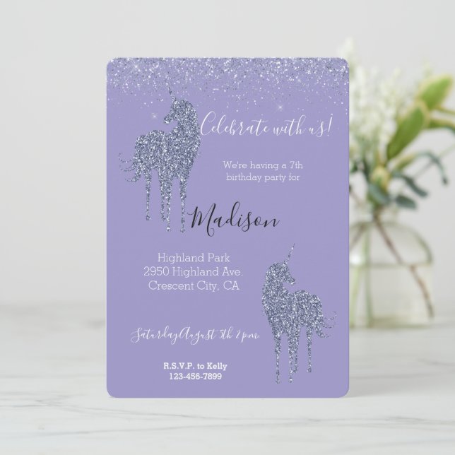 Invitación Purple Unicorn Glitter (Anverso de pie)