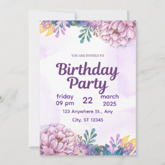 Invitación Purple Watercolor Floral Birthday Party Invitation