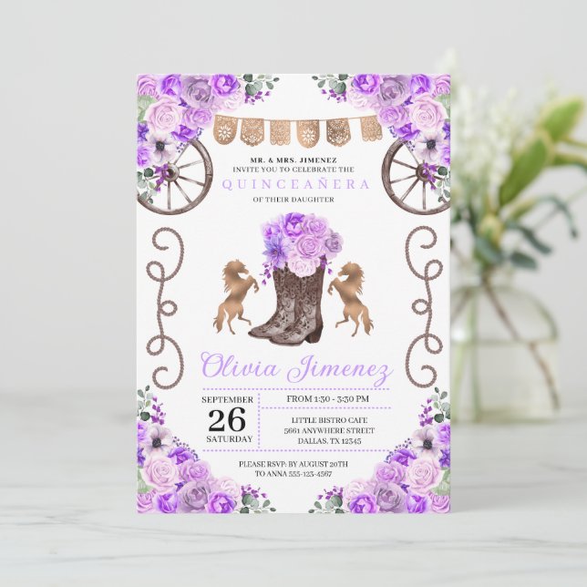 Invitación Purple Western Charra Floral Boots Quinceañera (Anverso de pie)