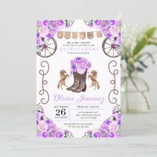 Invitación Purple Western Charra Floral Boots Quinceañera