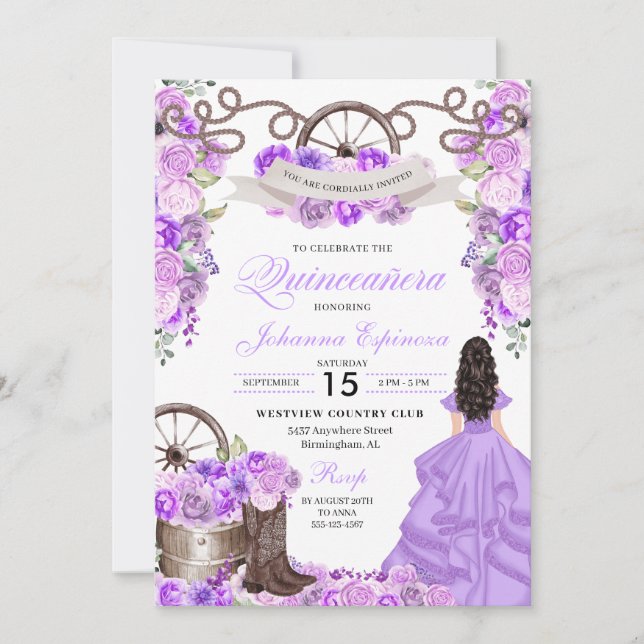 Invitación Purple Western Charra Ranchero Quinceanera (Anverso)