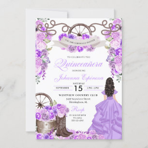 Invitación Purple Western Charra Ranchero Quinceanera