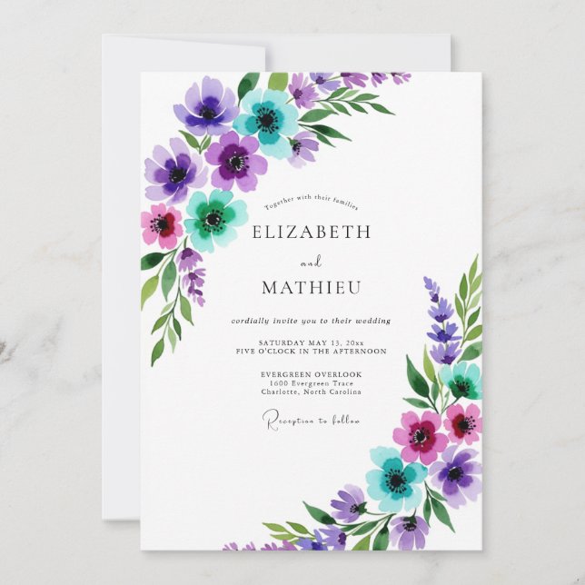 Invitación Purple Whimsical Watercolor Spring Wedding (Anverso)