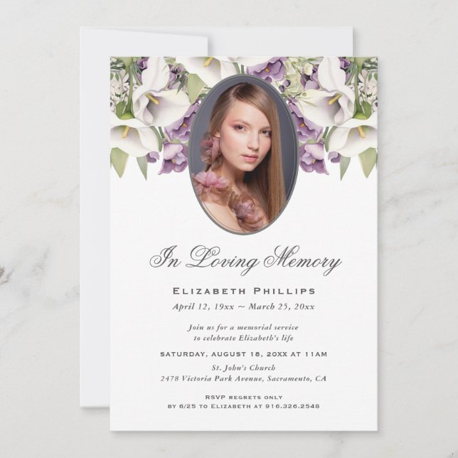 Invitación Purple White Calla Lilies Photo Memorial Service (Anverso)