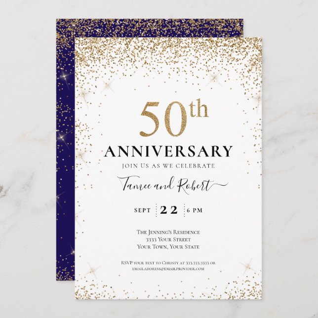 Invitación Purple White Gold 50th Wedding Anniversary  (Anverso / Reverso)