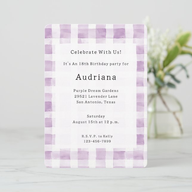 Invitación Purple White Plaid Stripes Birthday (Anverso de pie)