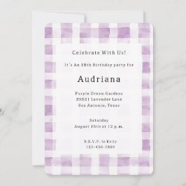 Invitación Purple White Plaid Stripes Birthday