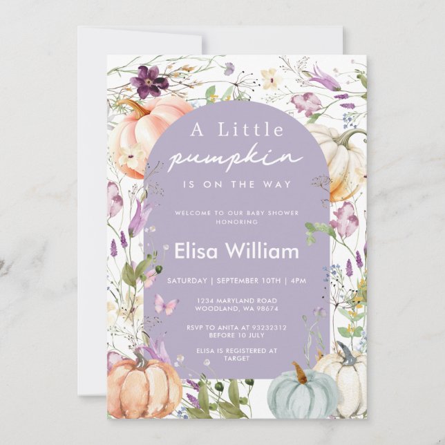 Invitación Purple Wildflower Calabaza Baby Shower Garden Fies (Anverso)