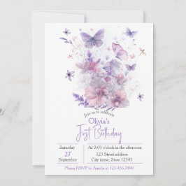 Invitación Purple Wildflowers Butterfly Girl's 1st Birthday 