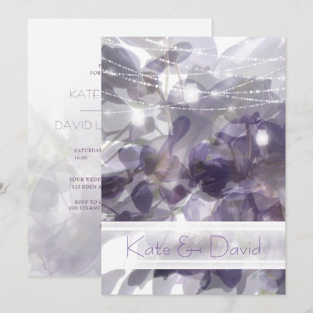 Invitación ©Purple Wisteria String Lights Mason Jars Boda (Anverso / Reverso)