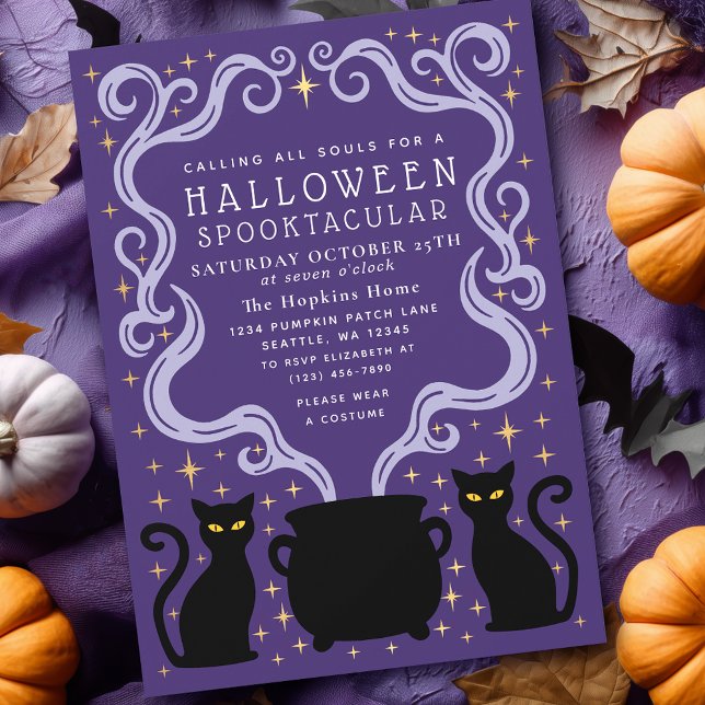 Invitación Purple Witchy Black Cat Cauldron Halloween Party (Subido por el creador)
