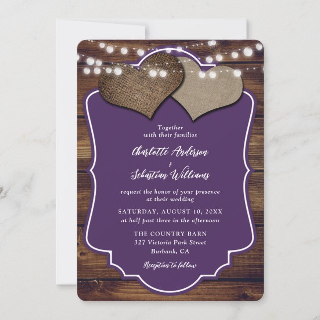 Invitación Purple Wood Burlap Hearts String Lights Boda (Anverso)