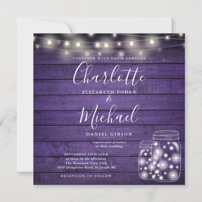 Invitación Purple Wood String Lights Mason Jar Photo Boda (Anverso)