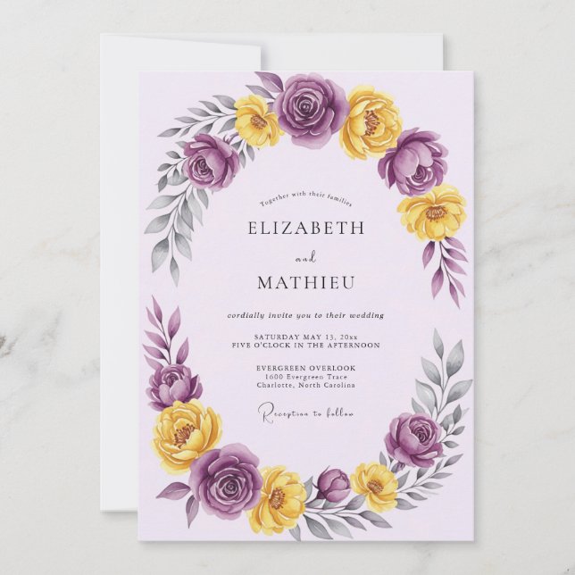Invitación Purple Yellow Romantic Spring Wedding (Anverso)