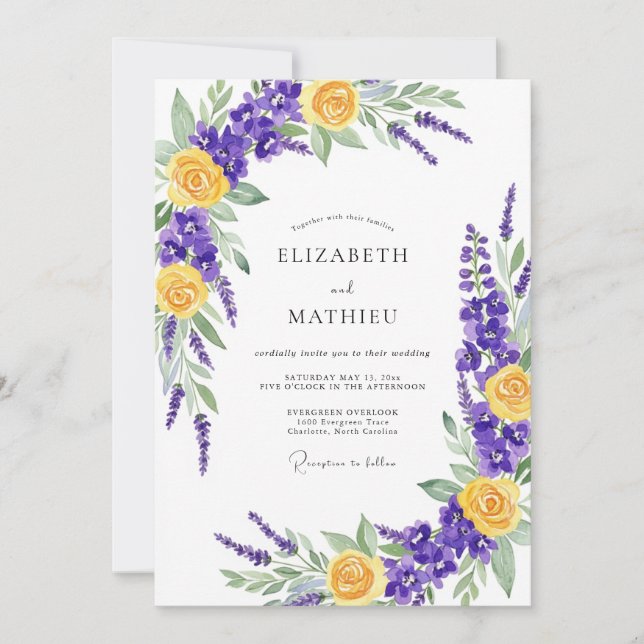 Invitación Purple Yellow Vibrant Meadow Wedding (Anverso)