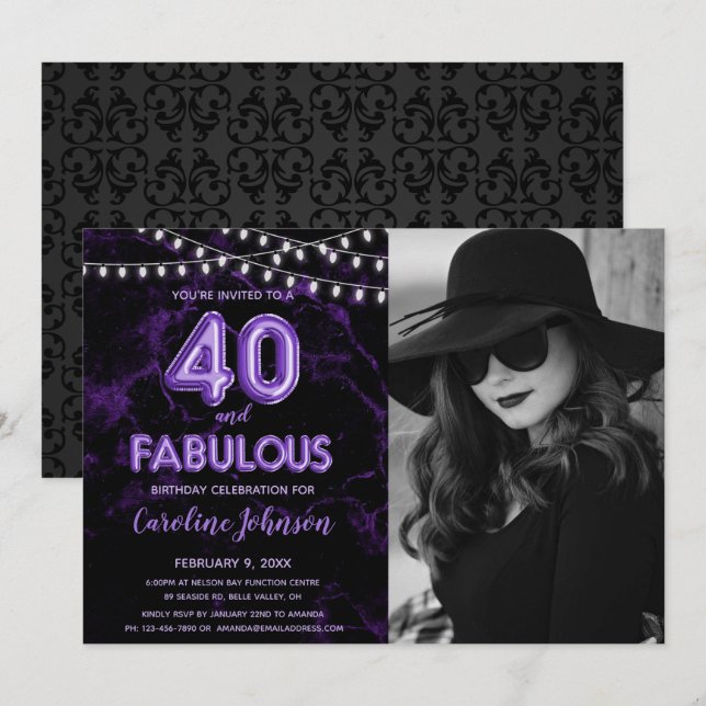 Invitación Púrpura 40 Fiesta de cumpleaños - 40 y fabuloso (Anverso / Reverso)
