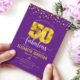 Invitación Púrpura 50 y fabulosos puntos de oro de cumpleaños