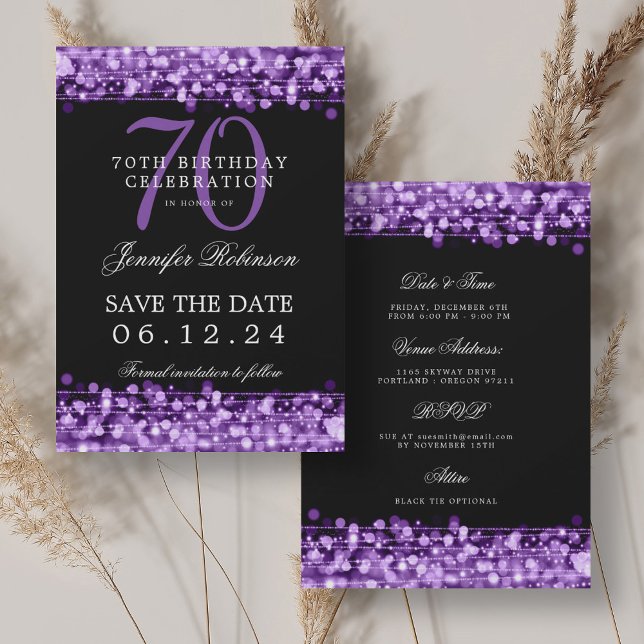 Invitación Púrpura 70 cumpleaños Guardar la fecha con detalle (Purple 70th Birthday Save the Date w/ Details Invitation)