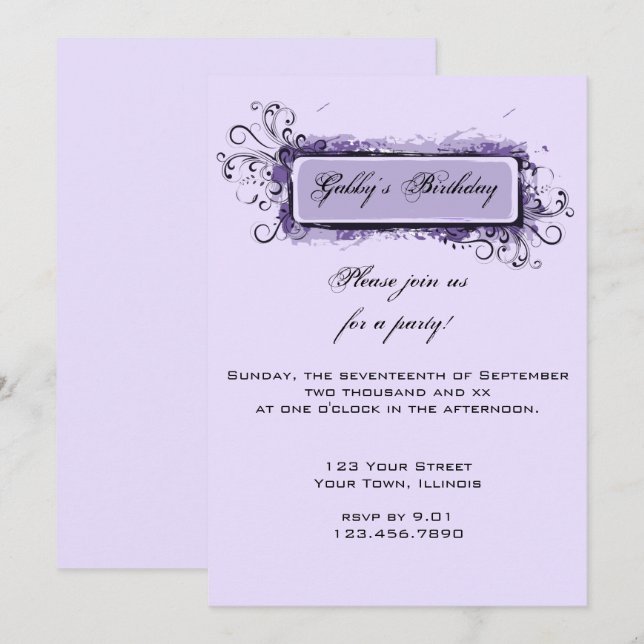 Invitación Púrpura Abstract Floral Birday Party (Anverso / Reverso)