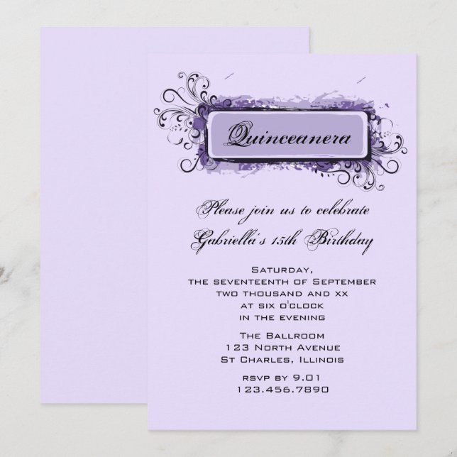 Invitación Púrpura Abstract Floral Quinceanera Birday Party (Anverso / Reverso)