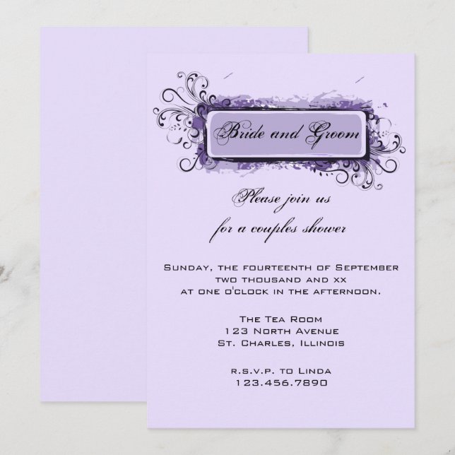 Invitación Púrpura Abstracto Parejas Florales Ducha De Boda (Anverso / Reverso)