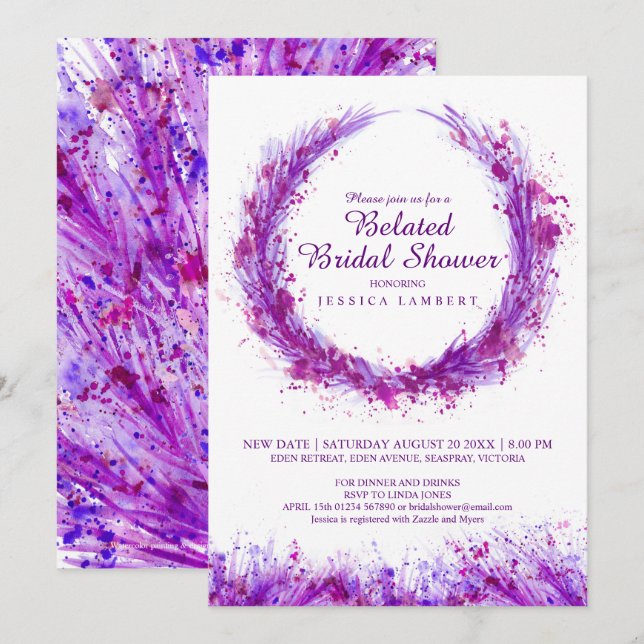 Invitación Púrpura acuarela arte estriba ducha de novia tardí (Anverso / Reverso)