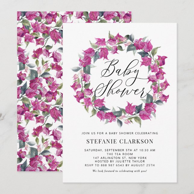 Invitación Púrpura acuarela Bougainvillea Wreath Baby Shower (Anverso / Reverso)