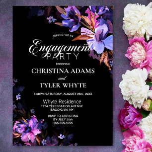 Invitación Púrpura acuarela Floral Black Engagement Party