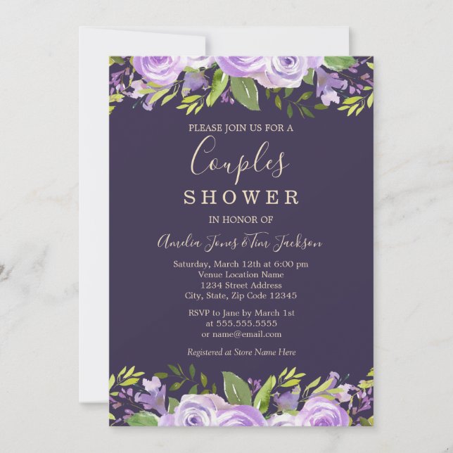 Invitación Púrpura acuarela Floral Boda Ducha Parejas (Anverso)