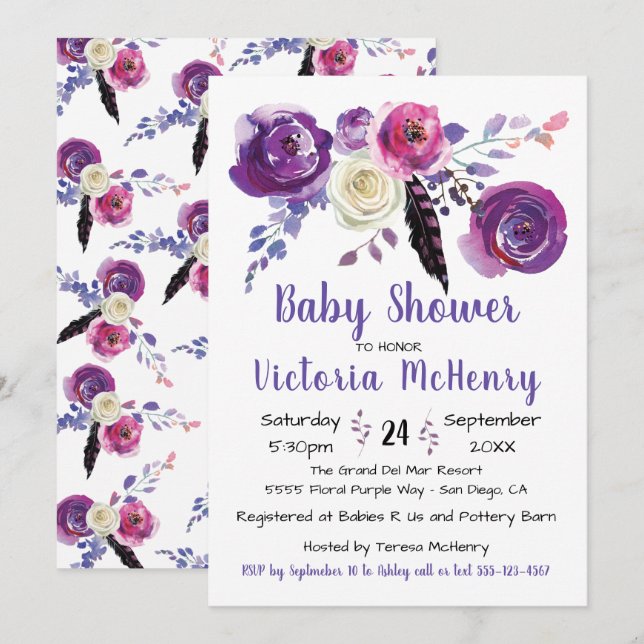 Invitación Púrpura acuarela Floral Boho BabyShower (Anverso / Reverso)