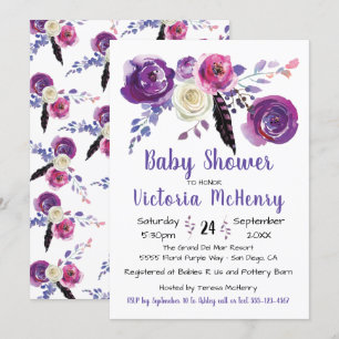 Invitación Púrpura acuarela Floral Boho BabyShower