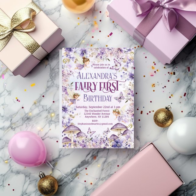Invitación Púrpura Acuarela Floral Hada Primer Cumpleaños (Subido por el creador)