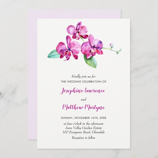 Invitación Púrpura acuarela Orquídea Boda Floral (Anverso / Reverso)