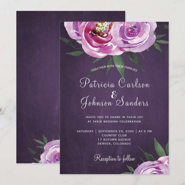 Invitación Púrpura acuarela peonatos de casamiento rústico (Anverso / Reverso)