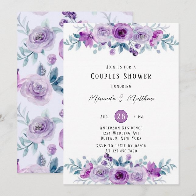 Invitación Púrpura acuarela Peony Eucalyptus Ducha Parejas (Anverso / Reverso)