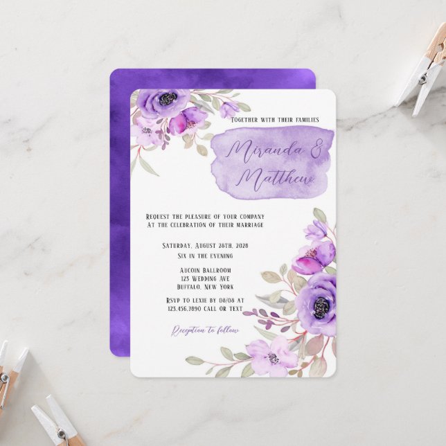 Invitación Púrpura acuarela Peony Flower Boda todo en uno (Anverso/Reverso In Situ)