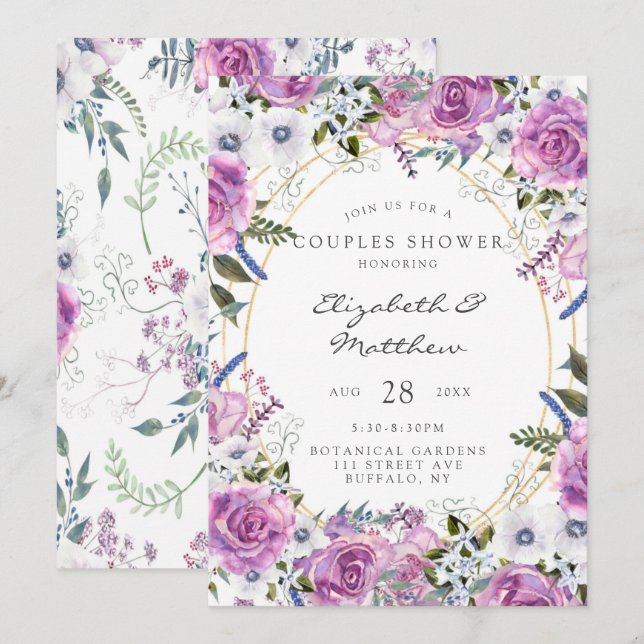 Invitación Púrpura acuarela Peony Gold Couples Ducha (Anverso / Reverso)