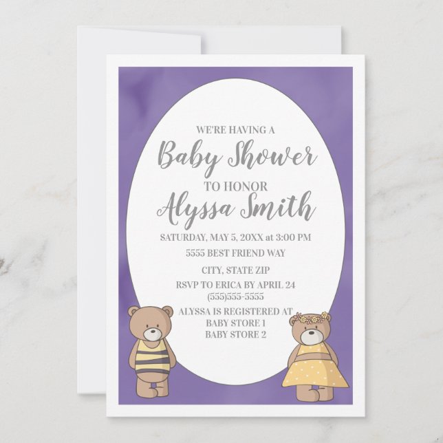 Invitación Púrpura acuarela Teddy Bears Baby Shower (Anverso)