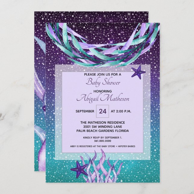 Invitación Púrpura acuarela + Verde azulado bajo el mar Baby  (Anverso / Reverso)