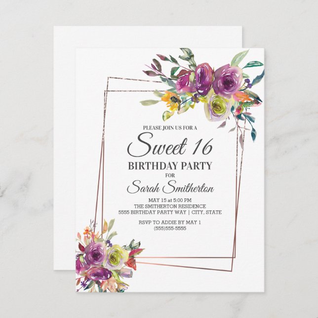 Invitación Púrpura Amarillo Acuarela Floral Geométrico Cumple (Anverso / Reverso)