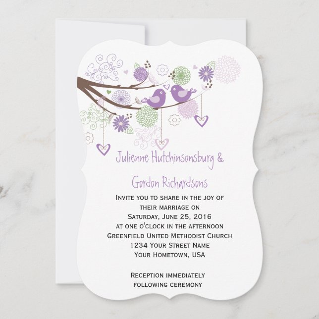 Invitación Púrpura Amor Pájaros Mueve Mano Dibuja Boda Floral (Anverso)