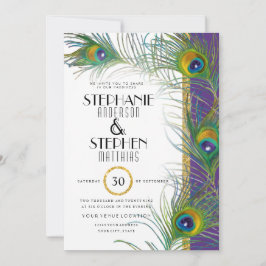 Invitación Púrpura Art Deco Peacock Feathers Typografía moder