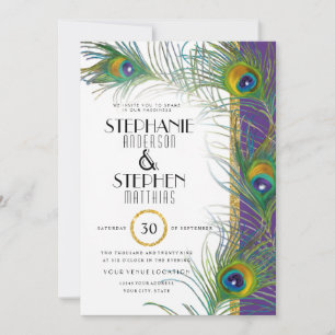 Invitación Púrpura Art Deco Peacock Feathers Typografía moder